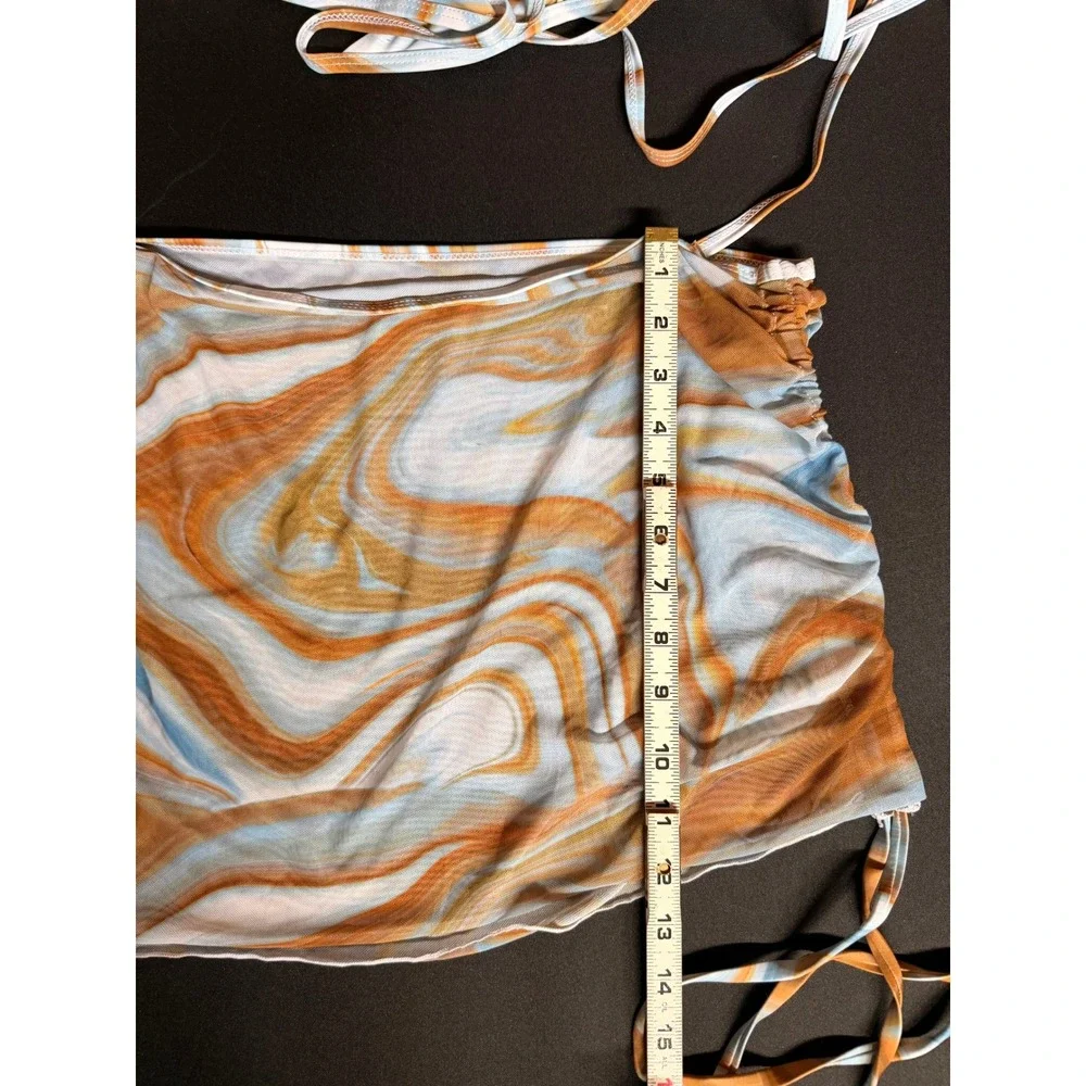Marble Swirl 3 Piece Bikini Set Mesh Skirt Cover Up Blue Orange 2XL Coastal Y2K